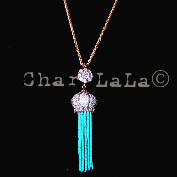 Pave Crystal Dome & Turquoise Tassel Necklace - Picture 1 of 2